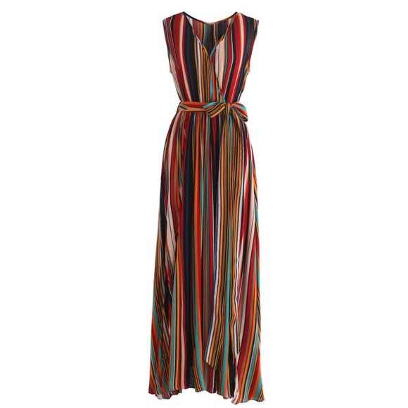 CHIC WISH || Elegance Keeper Striped V-Neck Sleeveless Maxi Dress - XS - Picture 3 of 9
